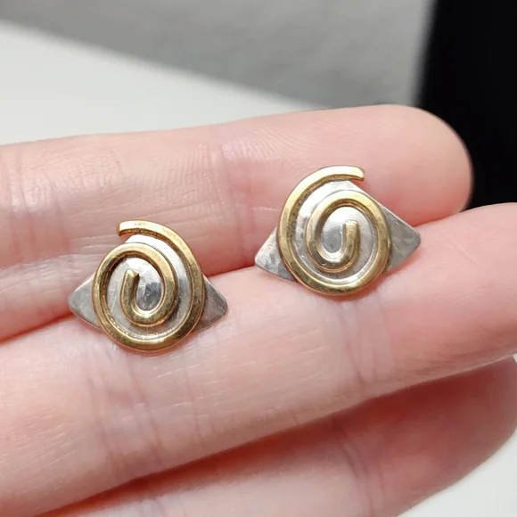 Vintage Sterling Silver Bronze Swirl Hand wrought Modernist Necklace Earring Set - Picture 6 of 15